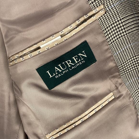 Lauren Ralph Lauren Men’s Sports Coat Jacket Beige Brown Blue Glen Plaid 44R 697 - Picture 6 of 9